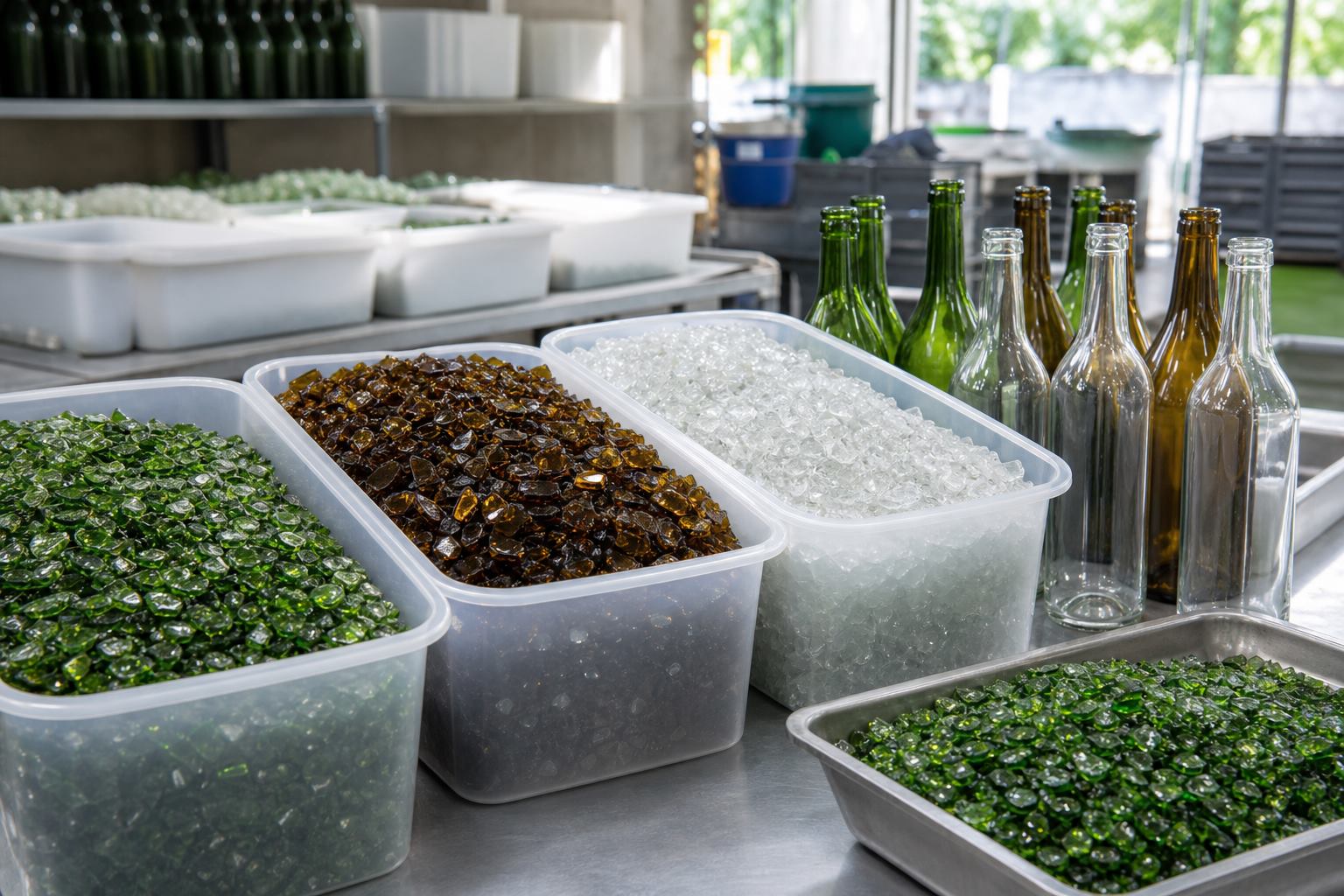 Prepared recycled glass and cleaned bottles ready for processing