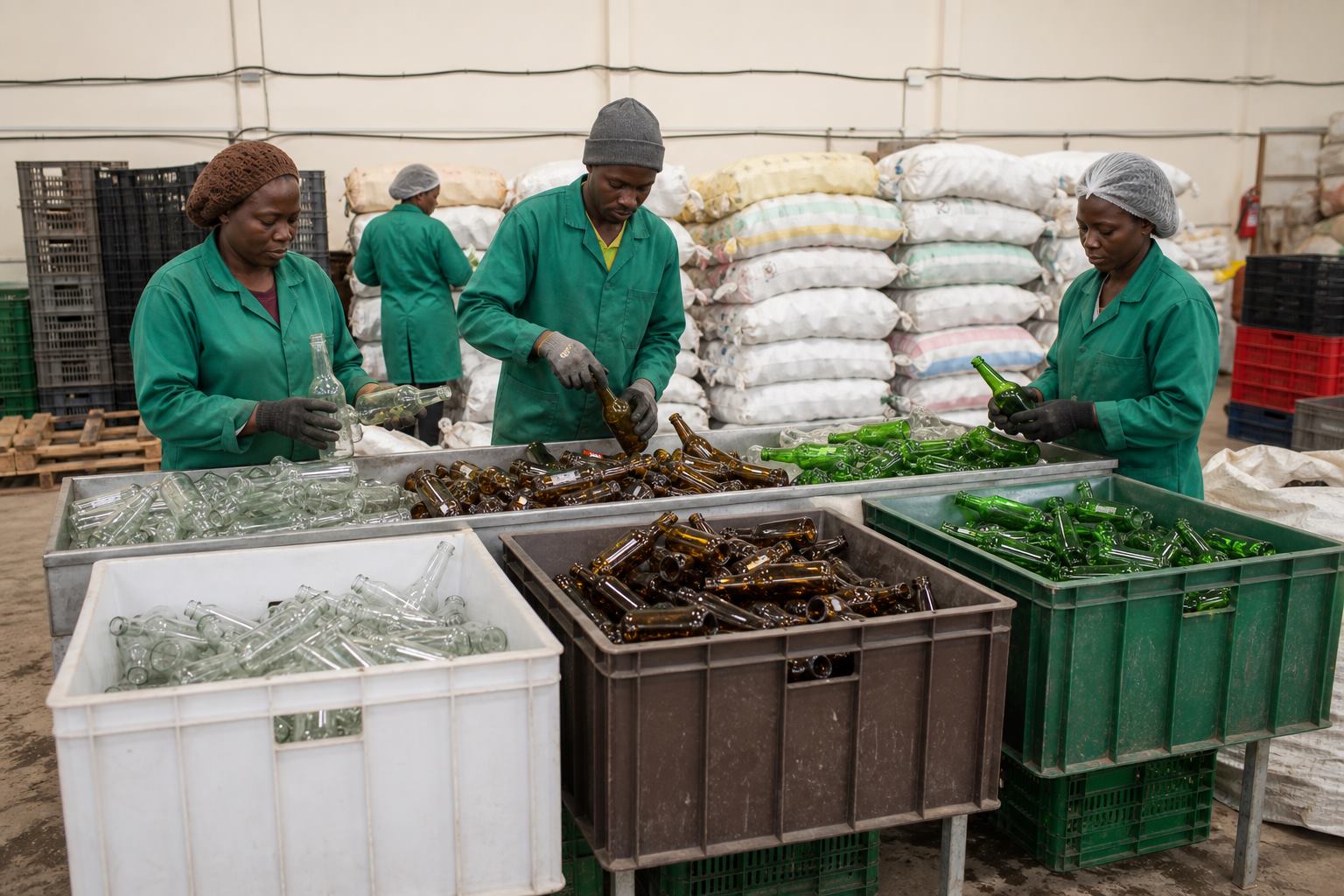 Workers sorting glass bottles by color for recycling