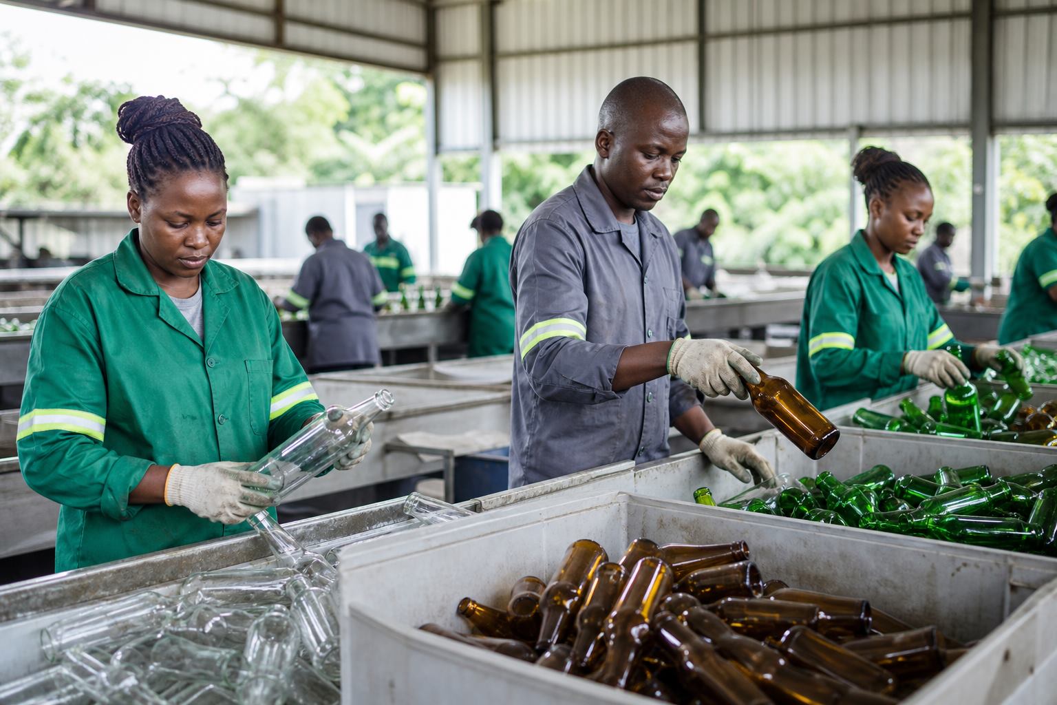 Glass bottles being sorted in a recycling operation